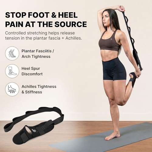 DMoose Fitness Foot & Calf Stretcher with Adjustable Padded Stretching Strap for Plantar Fasciitis, Hamstring, Heel Spurs and Achilles Tendonitis Relief - Yoga Leg Stretch Strap for Flexibility - color: Black