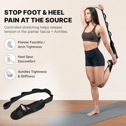 DMoose Fitness Foot & Calf Stretcher with Adjustable Padded Stretching Strap for Plantar Fasciitis, Hamstring, Heel Spurs and Achilles Tendonitis Relief - Yoga Leg Stretch Strap for Flexibility - color: Black