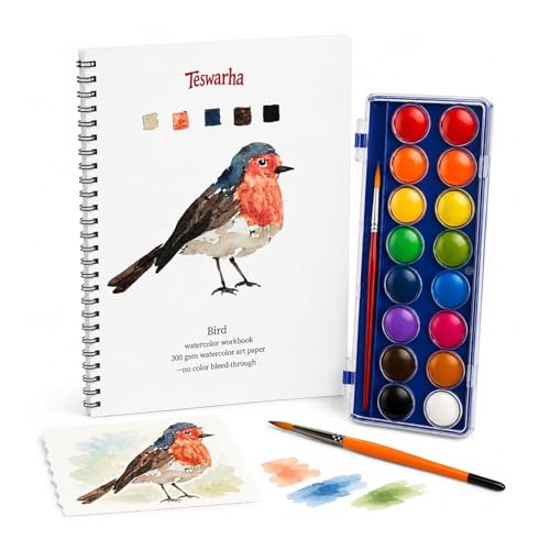 Teswarha Birds Watercolor Workbook With12 Sheets 300GSM Art Paper 16 Colors Watercolor Paint Set with 2 Watercolor Brushes Water Coloring Book Kit for Adults Teens 8.2 x 9.8in - color: Black