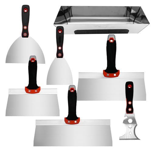Drywall Knife Set, 7 Pcs Stainless Steel Tools Kit | Putty Knives Tapping Knife Multi-purpose Paint Scrapers with Mud Pan for Drywall Work - color: Black - a Set