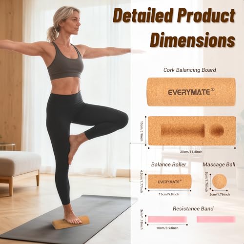 EVERYMATE Cork Balance Board Kit, Foot & Ankle Strengthener with Massage Roller/Ball,Balance Board Half & Half-Moon Ball, for Enhance Mobility & Prevent Falls Improve Foot Function for Home/Office/Gym - color: 4-in-1 Cork Kit