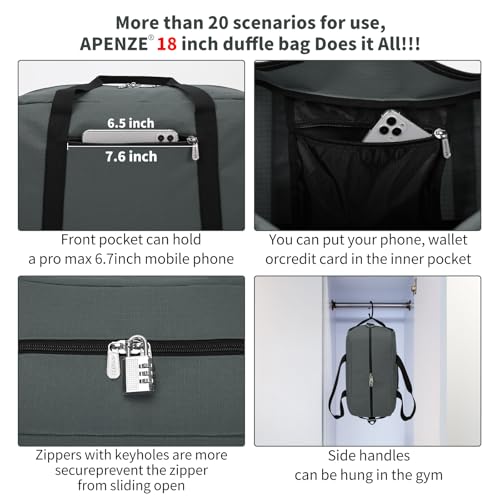 Apenze Small Gym Bag 18 inch Carry On Duffel Bag for Weekender Travel - Dark Grey - color: Dark Grey, size: 18inch