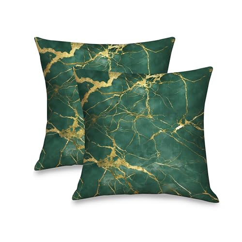Emerald Green and Gold Marble Throw Pillow Covers 18x18 inches Set of 2, Luxury Modern Decorative Cushion Covers for Couch Sofa Living Room Bed, Soft Velvet Texture Double-Sided Print Home Decor - color: Emerald Green047