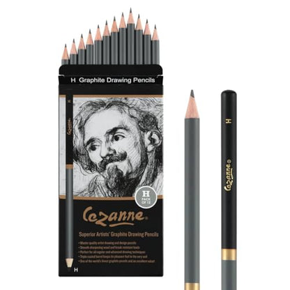 Cezanne Graphite Drawing Pencils Set - H, Set of 12 Break-Resistant Graphite Lead, Easy-to-Sharpen Sketch Pencils, Master Artist Quality Graphite Pencils for Technical and Artistic Drawing - color: H, size: Set of 12