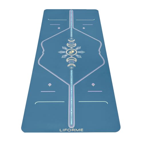 Liforme Printed Yoga Mat - Patented Alignment Design, Ultimate Grip | Eco-friendly, Non-Toxic, Sweat-Resistant, long, wide, 4.2mm thick mat for comfort, recommended for Hot Yoga, Free Yoga Bag - color: Cosmic Moon - Blue