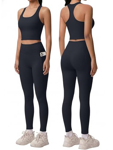 2 Piece Workout Sets for Women Racerback Tank High Waisted Pocket Leggings No Front Seam Tummy Control Butt Lifting - color: Black, size: Large