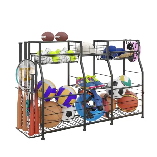 Ball Storage Rack with Bat Holder, Sports Equipment Organizer for Garage | Ball Organizer for Garage Outdoor Toy Organizer Basketball Organizer Soccer Ball Rack Multifunctional LArge Capacity - size: 11.8"D x 50.55"W x 31.5"H
