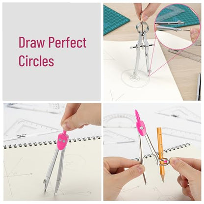 Mr. Pen- Geometry Set, 13 pcs, 3 Metal Compasses, Protractor, 6" Ruler | 45° & 30°/60° Set Squares, Pencils, Lead Refills, Sharpener & Eraser for Math, Drafting & Classroom Use - color: Pink
