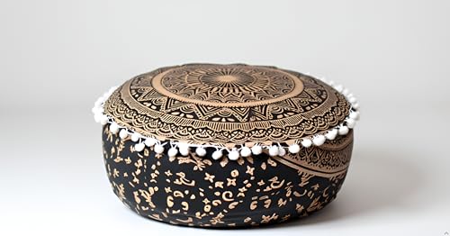 CRAFT KALA 16" Round Large Hippie Mandala Meditation Floor Ottoman Pillow Cushion Pouf Cover Square Poufs Bohemian Circle Floor Cushion Case Outdoor Fireplace Yoga Living Room Decor Cover Black Gold - color: Black Gold, size: 16"D x 16"W x 5"H