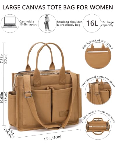 ZHMO Canvas Tote Bag for Women,Women's Bags Crossbody Bags Work Laptop Tote Bag Large Handbags Purse for Travel Nurse Teacher - color: New Upgrade Brown With Compartments and Side Cup Holders