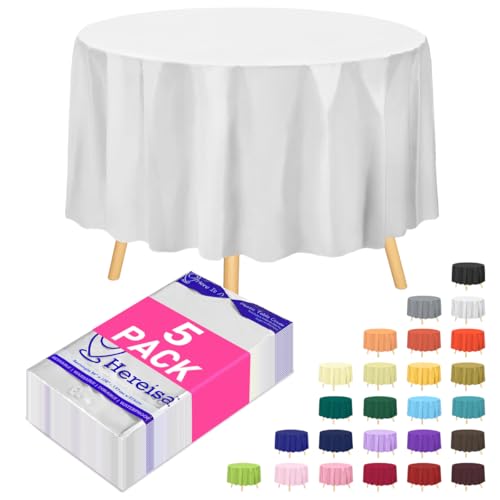 White Round Disposable Plastic Tablecloth 84 Inch [5-Pack] - Waterproof, Oil-Resistant for Parties & Events - color: Fa2 - White, size: 5 PACK | Round | 84 Inch