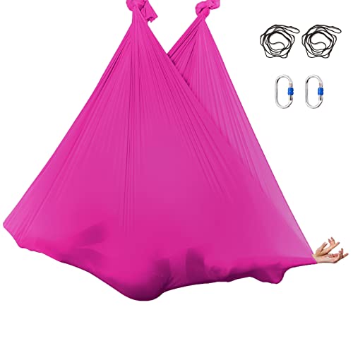 5.5 Yards Aerial Silks Yoga Swing Set - Aerial Yoga Hammock Kit Anti-Gravity Flying for Fitness, Low/Non Stretch Nylon Tricot Fabric Hardware Included for Dance - color: HOT PINK