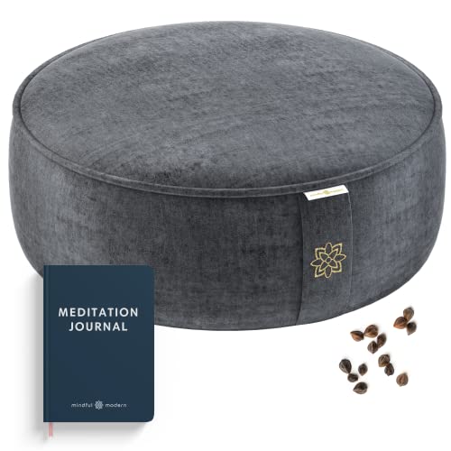 Mindful Modern Velvet Meditation Cushion | Luxe Zafu Yoga Floor Pillow Seat | Posture Support | Buckwheat Hull Filled | Large Round Cushion with Removable Washable Cover + Carry Handle - color: Graphite Grey