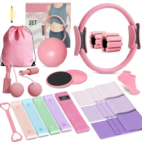 Home Pilates Kit 20 PCS, Pilates Equipment with Pilates Ring and Ball, 9 Level Resistance Bands, Jump Rope, Ankle Weights,Sliders & Grip Socks Accessories for Starter Home Workouts
