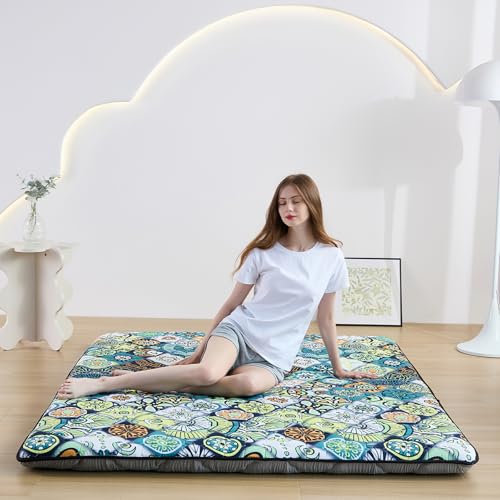 Zelladorra Japanese Floor Mattress, Anti-Slip Japanese Futon | Portable Floor Mattress, Roll Up Sleeping Mat with Storage Bag, ideal for Guests and Camping, Boho Green Checkered - color: Boho Green Checkered, size: Queen (80"L x 60"W)