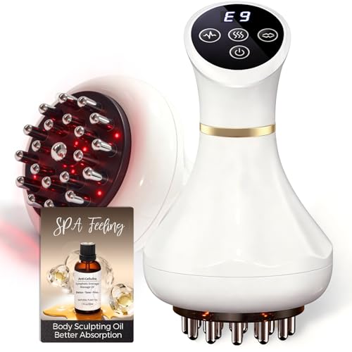 Lymphatic Drainage Massager, Cellulite Massage Tool with Microcurrent, Light, Heat and Vibration, Body Sculpting Machine for Legs, Arms and Belly, Includes Body Oil