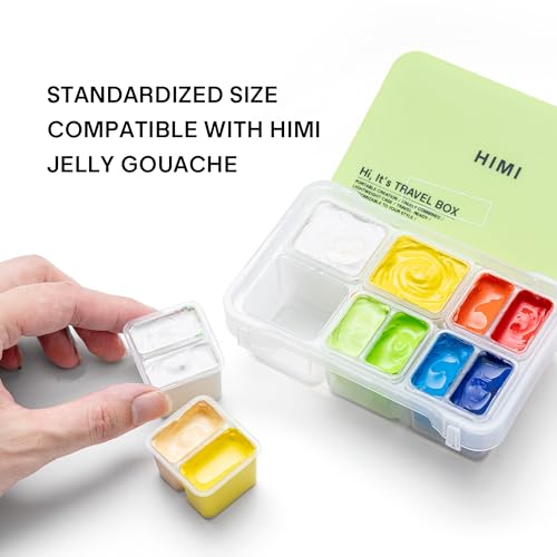 HIMI Travel Box Gouache Set – Holds up to 12 Colors, Mixing Palette, Brush Washer Bucket with Built-in Cleaning Grooves, Unique Portable Carry Bag for Artists & Beginners