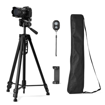 Amazon Basics 60" Lightweight Tripod for Camera and Phone with Travel Bag, Remote Control, Phone Holder, Height Adjustable, Flexible Positioning, Wireless Capability, Aluminum, Black - size: 60-in, style: Tripod with Remote & Phone Holder