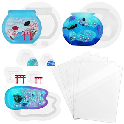 Resin Shaker Silicone Molds and Seal Films Casting Set Pack of 12 Enchanted Japanese Jewelry Charm Koinobori Mt Fuji Goldfish Bowl - color: Fish Tank, Torii, Mt Fuji, Carp Streamer Craft Pack of 12