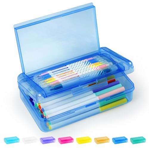 Sooez Double Layer Pencil Box, Large Hard Pencil Case Organizer, Clear Plastic Crayon Box for Girls and Boys, Colored Marker Organizer, Small Plastic Containers/Bins with Lids, Art Supply Storage - color: Blue