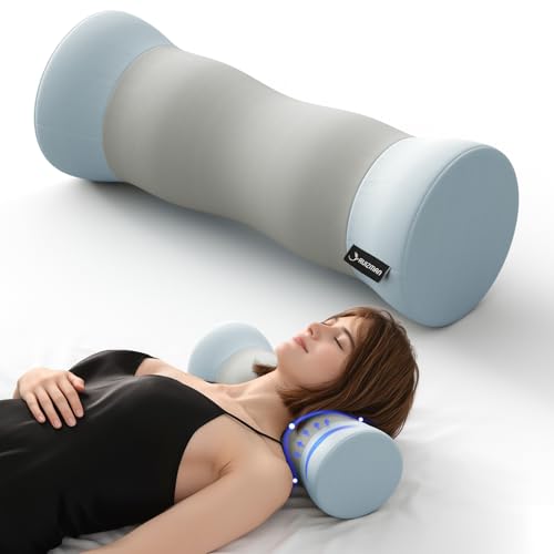Neck Roll Pillow - Cooling Cover Round Neck Pillow for Sleeping - Memory Foam Cervical Support Pillow - Ergonomic Cylinder Pillows for Neck, Leg, Back, Yoga, Relaxing (Grey Blue) - color: Grey Blue