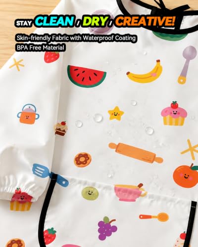 MINIQ Kids Art Smock,Waterproof Painting Apron Artist Smocks with Pocket Long Sleeves - color: Pink Kitchen Fun, size: XXL for Age 5-8