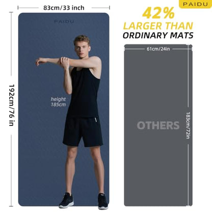 PAIDU Extra Long Wide Yoga Mat, （10mm） Thick Non-Slip Exercise Mat 76"x33" | large mat, ideal for yoga, Pilates & home gym, with non-slip grip & cushioning for all exercises. - color: Dark blue + Black