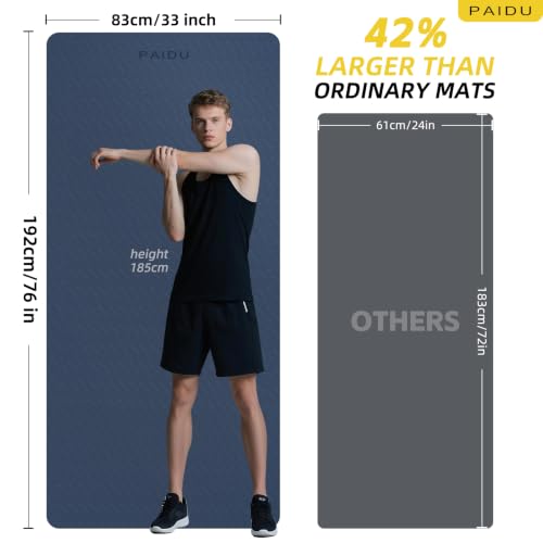 PAIDU Extra Long Wide Yoga Mat, （10mm） Thick Non-Slip Exercise Mat 76"x33" | large mat, ideal for yoga, Pilates & home gym, with non-slip grip & cushioning for all exercises. - color: Dark blue + Black