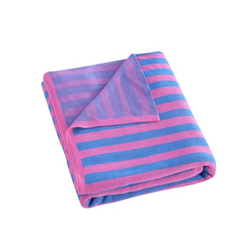 BOV Cooling Knit Throw Blanket 50x60, 100% Viscose, Blue Pink Stripe - color: Fuchsia & Azure