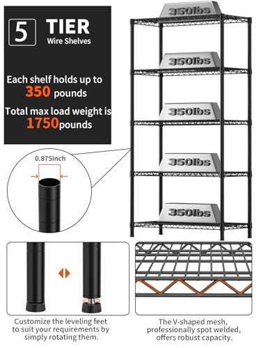 Golpart 5Tier Adjustable Storage Shelves Metal Wire Shelving Standing Shelf - color: Black, size: 5-tier-18"Dx36"Wx72"H
