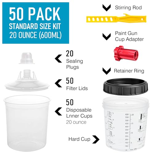 Disposable Paint Sprayer Mixing Cup for Automotive Paint Gun,Compatible with Original 1.0 System(not 2.0)-50pcs 20 Ounce Kit-50 Cup Liners,50 Lids with Strainer,1 Hard Cup with Retainer Ring,20 Plugs - size: 50pcs