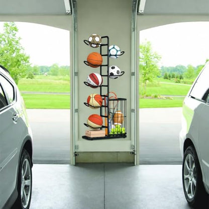 7-Ball Sports Equipment Storage Rack with Ball Holder and Basketball Rack, Athletic Gear Organizer ball Stand - Organize Toys, Sports Gear and More, 57.5" (Black) - size: 7-Balls with Basket