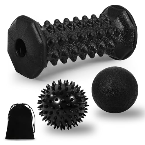 Foot Massager Roller Set for Plantar Fasciitis, Arch and Heel Pain Relief | Includes Foot Roller, lacrosse and spiky massage balls for deep tissue trigger point muscle therapy and neuropathy relief - color: Black Combination