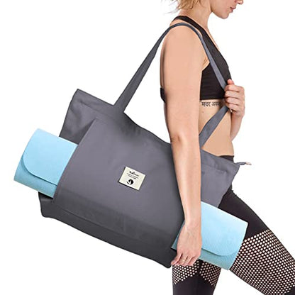 WLLWOO Yoga Mat Carrier Bag for Women Canvas Carryall Tote Gym Pilates | Large Holder Zipper Shoulder for Beach Travel Workout Fitness Office - color: gray