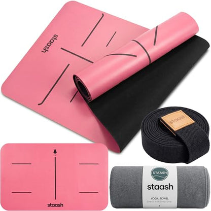 STAASH Premium Yoga Set – PU & Natural Rubber Mat + Towel + Strap + Knee Pad – Non-Slip Grip, Eco-Friendly, Studio Quality - color: Soft pink