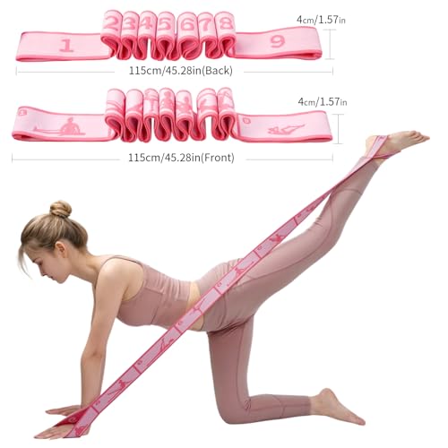 9 Loops Elastic Yoga Stretching Strap Pattern Guide, Resistance Stretch Band for Flexibility, Pilates, Dance, Gymnastics, Ballet, Physical Therapy, Leg & Body Stretching - color: Pink