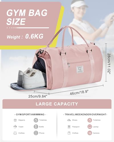 Gym Bag Womens Mens with Shoes Compartment and Wet Pocket Travel Duffel Bags for Women for Plane Sport Gym Tote Bags Swimming Yoga Small Waterproof Weekend Overnight Carry on Bag Hospital Holdalls - color: A7-Pink
