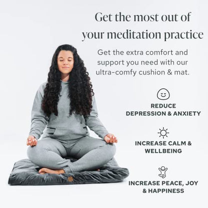 Mindful Modern Meditation Cushion and Zabuton Meditation Mat Bundle - Premium Luxury Velvet Meditation Cushion Set for Yoga - Buckwheat Zafu Floor Pillow and Rectangular Mat - Graphite Grey Color