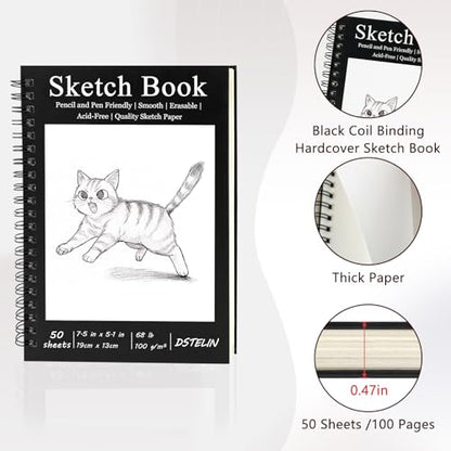 DSTELIN 2 Pack Spiral Bound Sketchbooks (100 GSM Sketch Paper), 50 Sheets per Pack, 7.5" x 5.1" Sketchbook with Black Hard Cover for Painting, Drawing and Sketching