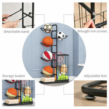 Sports Ball Storage Rack | Adjustable Vertical Stand for Basketball, Soccer, Volleyball & More | Durable Steel Organizer for Garage |5-Ball |45.7 inches, black - size: 5-Balls with Basket