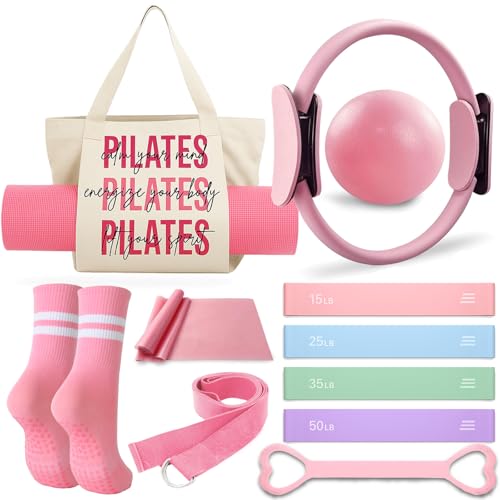 Pilates Kit for Women, Pilates Ring and Ball Set with Yoga Mat Bag, 12-Pcs - color: Blush Pink Essentials