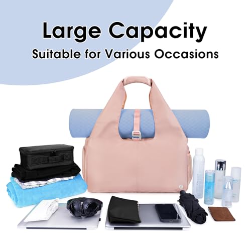 Sportsnew Tote Yoga Mat Gym Bag 20L Women W/Shoe Compartment Wet Dry Pocket | Water-Resistant Gym Tote - Mat Strap, Ventilated Shoe Bin, Wet Pocket, Padded Handle, Multi Pockets, Side Mesh & Key Clip - color: Pink