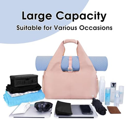 Sportsnew Tote Yoga Mat Gym Bag 20L Women W/Shoe Compartment Wet Dry Pocket | Water-Resistant Gym Tote - Mat Strap, Ventilated Shoe Bin, Wet Pocket, Padded Handle, Multi Pockets, Side Mesh & Key Clip - color: Pink