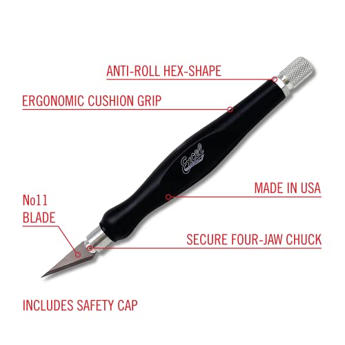 Excel Blades Fit Grip Craft Knife With #11 Ultra-Sharp Carbon Steel Angled Blade – Precision Craft Knife With Contoured Rubberized Grip For DIY, Art, Hobby, And Model Projects – Black, Made In The USA - color: Black