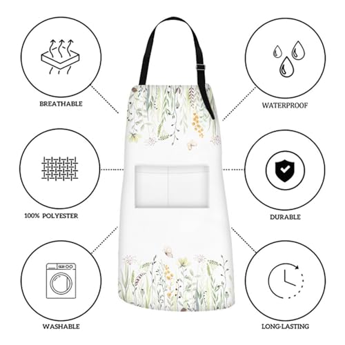 Apron with Pockets, 32x28 inch, for Women Men, Wild Flowers | Floral Yellow Green Waterproof Adjustable Bib Aprons for Kitchen Cooking Baking Painting Gardening - color: Eucalyptus