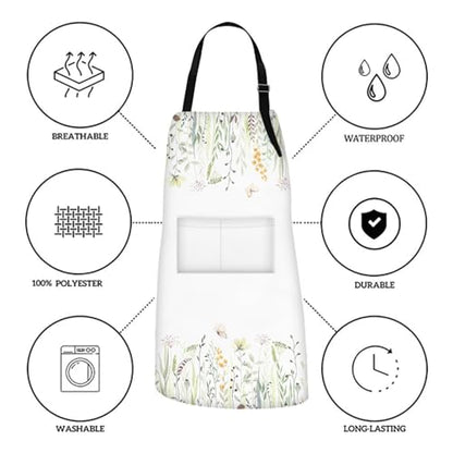 Apron with Pockets, 32x28 inch, for Women Men, Wild Flowers | Floral Yellow Green Waterproof Adjustable Bib Aprons for Kitchen Cooking Baking Painting Gardening - color: Eucalyptus