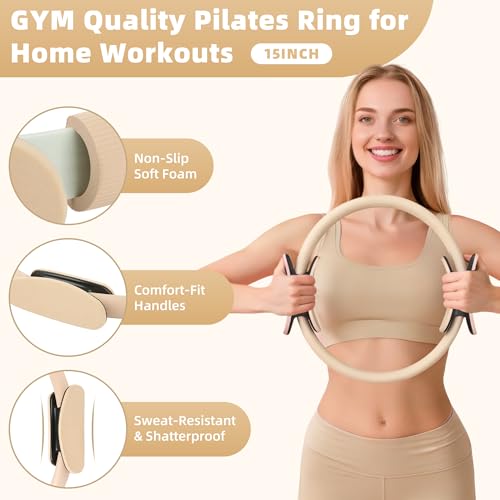 Tuhangcc Pilates Kit Women's Home Pilates Kit Ivory White Series Yoga Ball 15-inch Pilates Ring Instruction Manual Figure-8 Resistance Band and Other Accessories for Beginners for Home Workouts