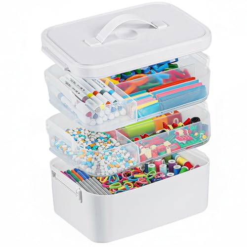 3-Layer Plastic Craft Organizers and Storage Box with Removable Trays, Storage Containers with lids and Handle, Art Supply Storage Organizer for Bead, Ornament, Nail Polish, Tape（10.62"x9"x7.67"） - color: White, size: 3 Layer-10.6 x 7.6 x 9 in