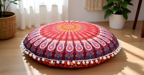 Round Mandala Floor Pillow Cover Seating Cushion Throw Cover Ottoman Pouf Cover Pom Pom Pillow Cases Hippie Decorative Bohemian Boho Indian 22 Inches (Maroon) - color: Maroon