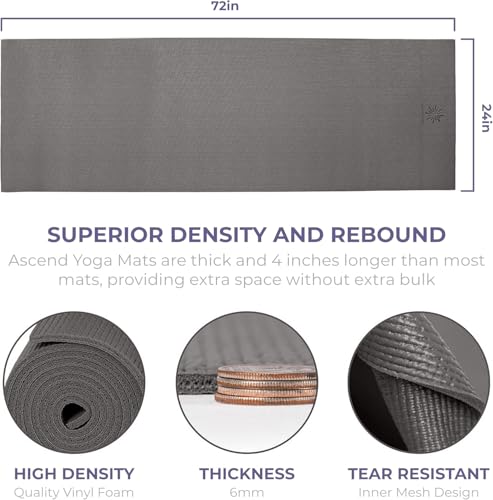 Ascend 6mm Thick Yoga Mat, 72x24in - color: Charcoal - Solid